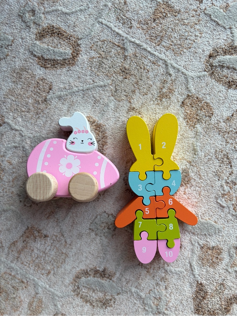 Wooden Bunny Toddler Toys: Number Puzzle & Easter Egg Car